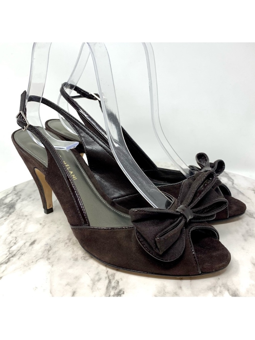 Antonio Melani ToeBow Brown Suede Peep Toe Bow Slingback Pumps 7.5 Retro Pinup